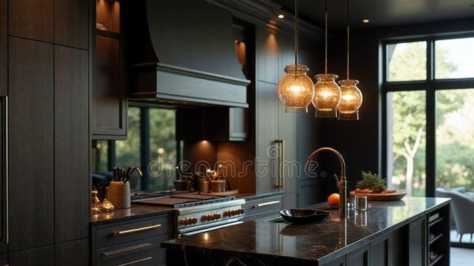 Moody luxury kitchen with dark cabinetry and granite island